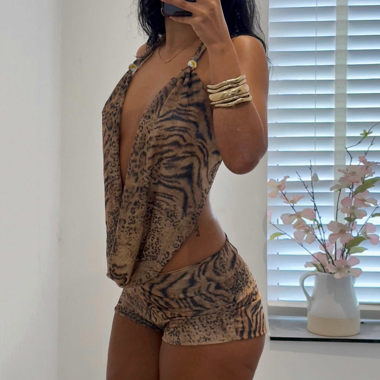 Summer Clothing Model - Damski komplet w panterkę, dwuczęściowy: top