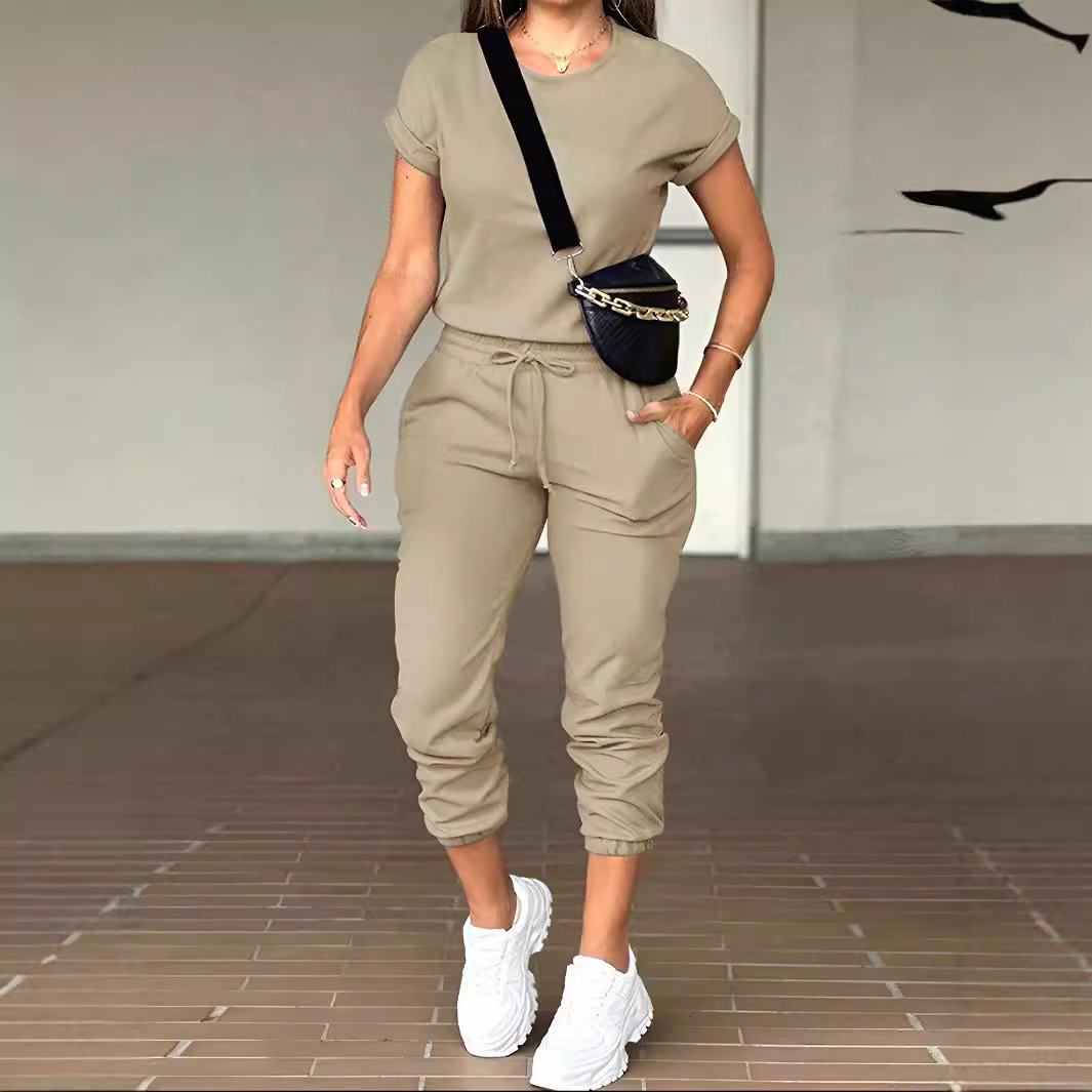 Summer Clothing Work - Damski Zestaw Spodni Dwuczęściowy Okrągły Dekolt