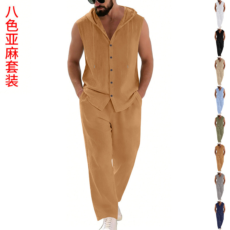 Summer Clothing Men - Męski lniany komplet casualowy: bluza z